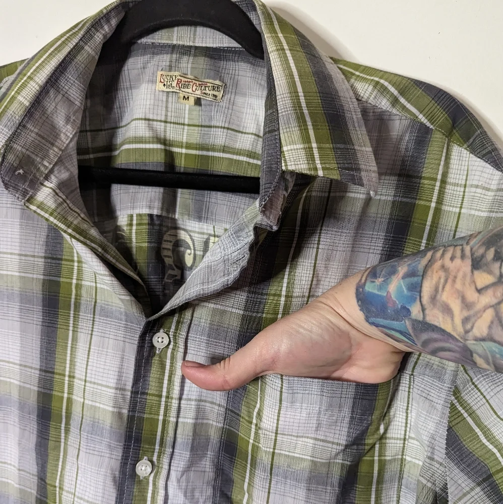 Lucky 13 zombie tiki button up shirt plaid green rockabilly retro pin up M L - Picture 7 of 12